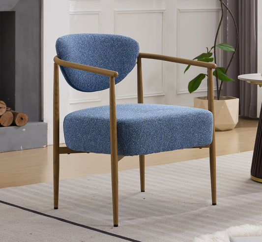 Blue fabric cover,dining room chair, living room chair, bedroom chair, woven fabric with foam back and seat,soft and comfortable seating, metal frame with water transfer pringting, wood grain visual