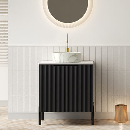 TURIO 24' Bathroom Vanity with Sink, Freestanding Bathroom Storage Cabinet with 2 Doors, White Round Ceramic Basin with Stone Pattern and Carrara White Counter Top, No Faucet, Black Color