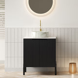TURIO 24' Bathroom Vanity with Sink, Freestanding Bathroom Storage Cabinet with 2 Doors, White Round Ceramic Basin with Stone Pattern and Carrara White Counter Top, No Faucet, Black Color