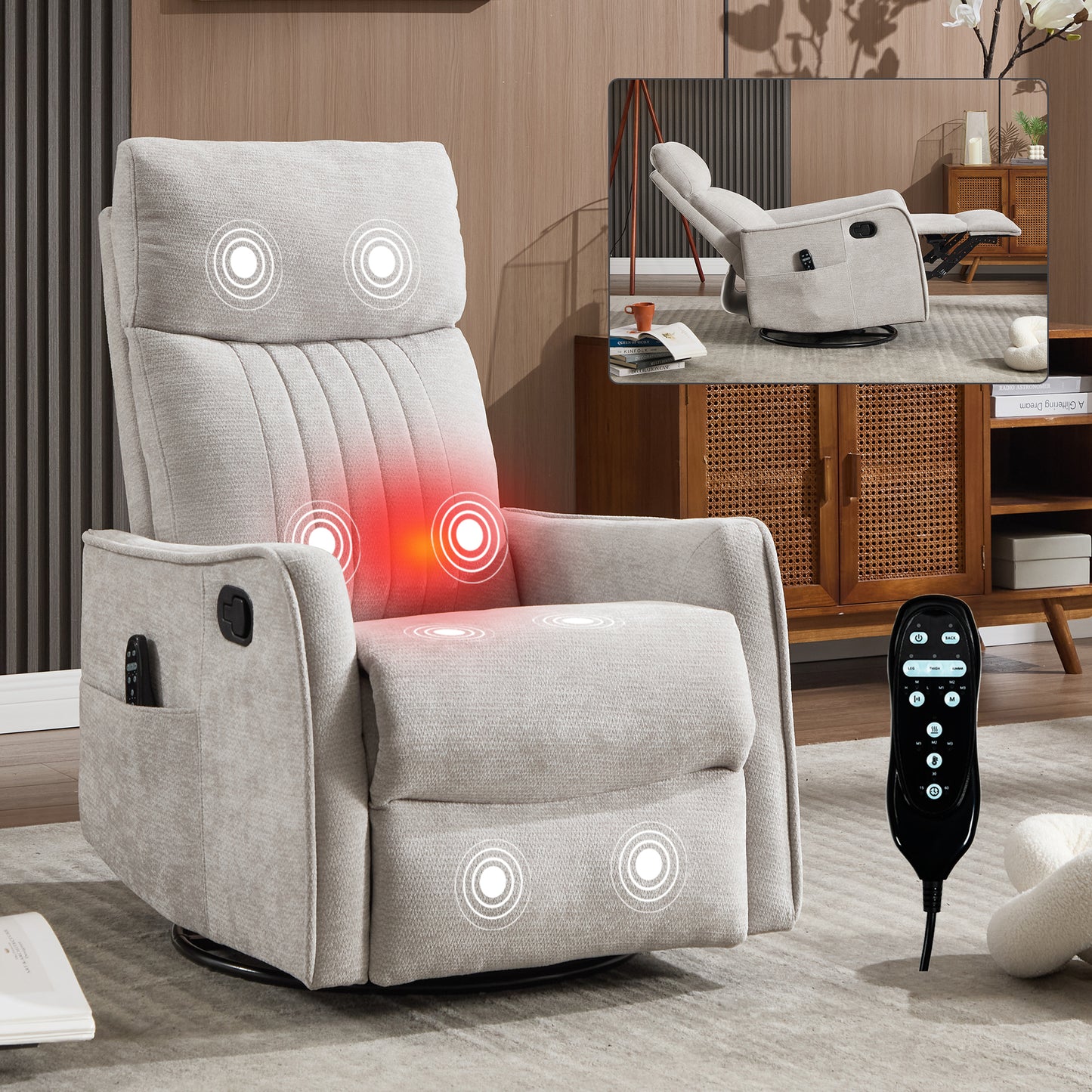 Light Grey Heat Massage Manual Recliner Chair with Rocker and Swivel in Fabric for Living Room