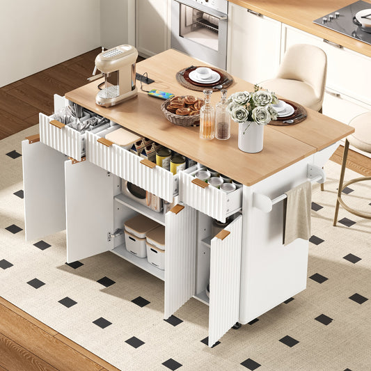 K&K Fluted Kitchen Island with Storage, 55.5' Kitchen Island with Drop Leaf, Power Outlet, 4 Doors and 3 Drawers, Rolling Island Table with Wood-grain Top, Curved Edge for Kitchen,Dining Room White