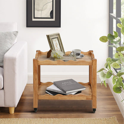 Solid Rubberwood Rolling Side Table, 2-Tier with Lockable Wheels & Removable Tray, Sturdy Durable for Bar Cart, Nightstand, End Table, Sofa Table
