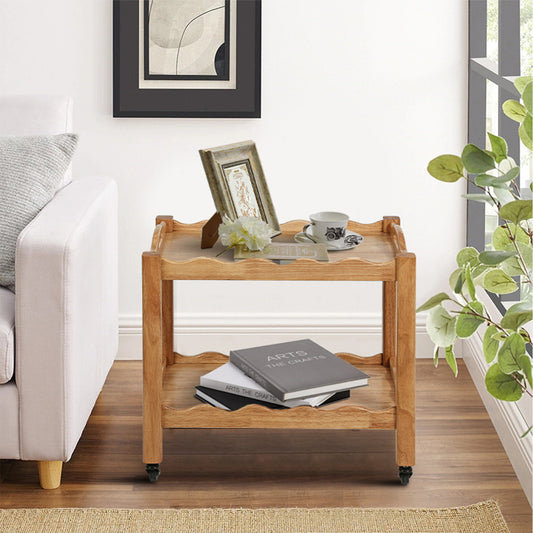 Solid Rubberwood Rolling Side Table, 2-Tier with Lockable Wheels & Removable Tray, Sturdy Durable for Bar Cart, Nightstand, End Table, Sofa Table