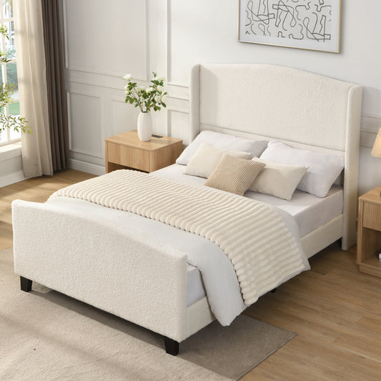 Full Size Bed Frame with 49.21'High Back Upholstered Headboard and 27.17' High Footboard,Teddy Velvet,12 Slat Support,Solid Wood Feet,No Box Spring Needed(white)