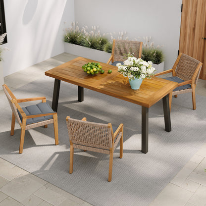 Modern Outdoor Dining Set - Acacia Wood Table with Iron Legs & 4 Wicker Armchairs, Teak Finish, 400 lbs Chair Capacity, for Patio, Garden, or Deck