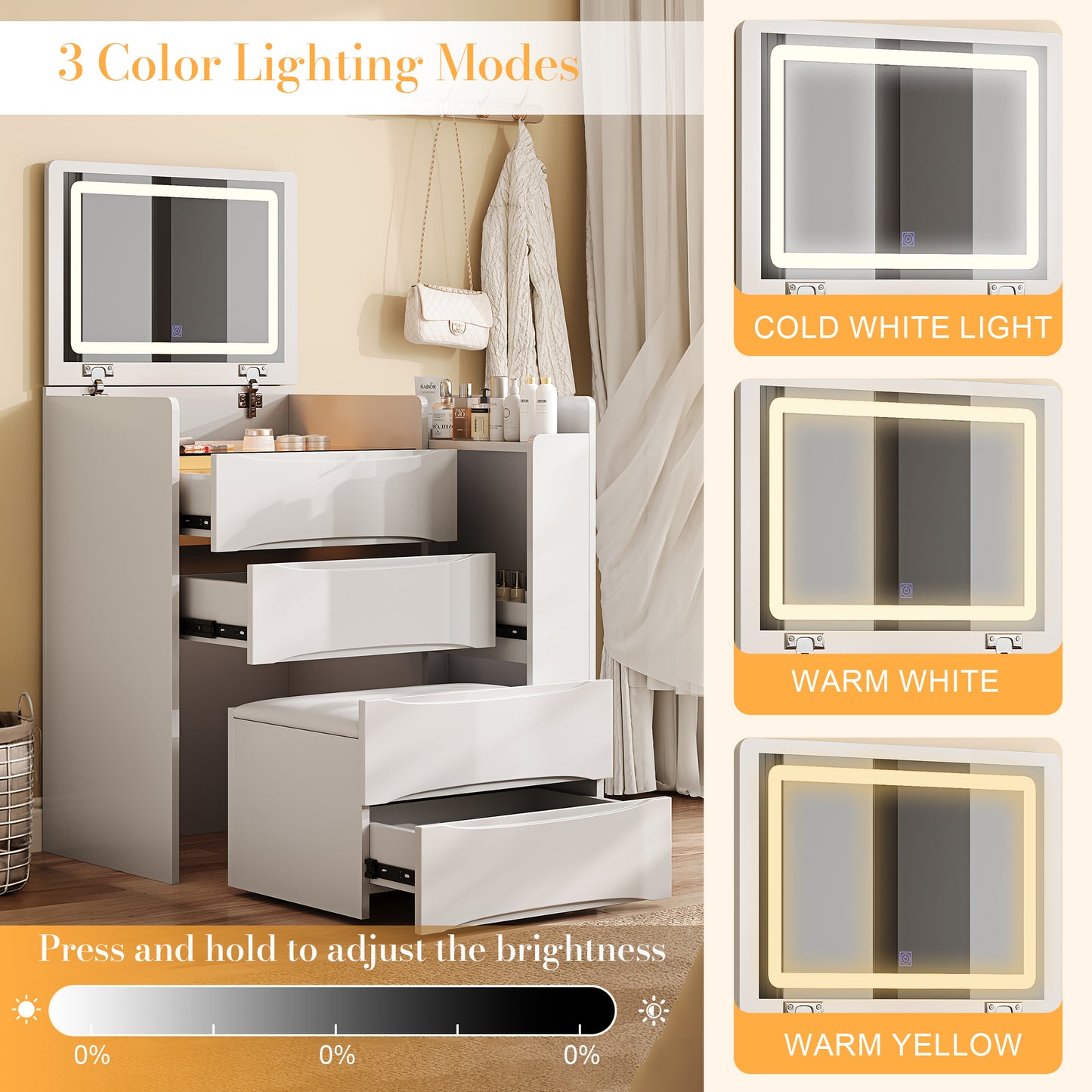 3-in-1 Flip Mirror Vanity Desk with Lights & Storage, Makeup Dressing Table with Adjustable LED