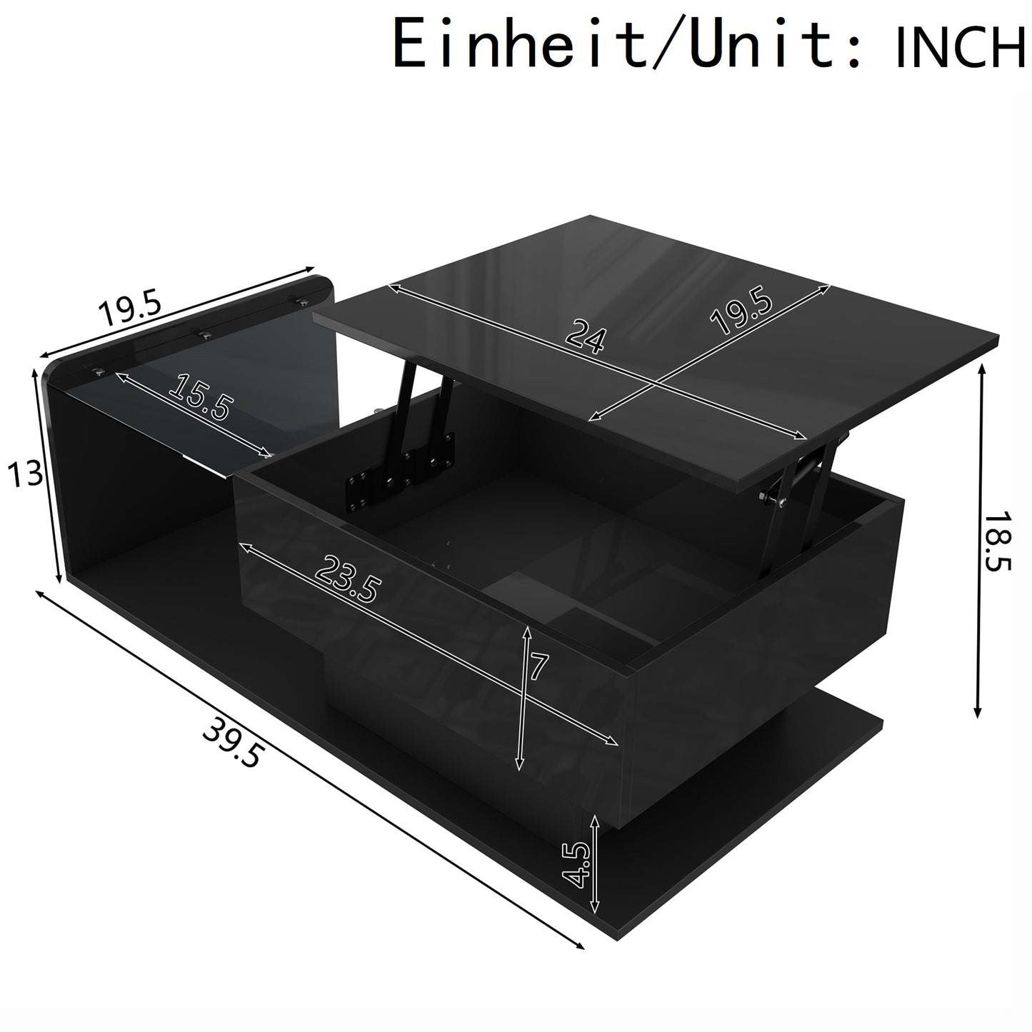 Coffee table, high-gloss black, side table, coffee table with glass and LED effect, with glass top