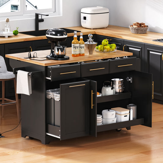 K&K 59.3' Kitchen Island with Storage 2 Pull Out Cabinet Organizers & Rubber Wood Drop Leaf, Rolling Kitchen Island with Trash Can Storage, Power Outlet, Spice & Towel Rack for Kitchen, Dining, Black