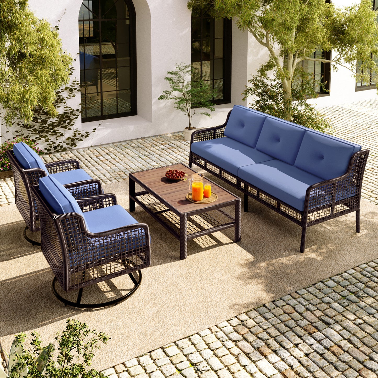 GO 4 Pieces Patio Furniture Set with Swivel Chairs, Outdoor Wicker Sofas for 5-person, Sectional Rattan Outdoor Conversation Set for Poolside Backyard Deck, Blue
