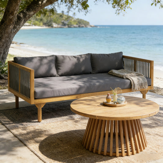 2-Piece Outdoor Patio Set: Sofa with Dark Grey Cushions & Grey Rope Back + Round Acacia Wood Coffee Table, Teak Finish, Water Repellent, 600 lbs Sofa Capacity