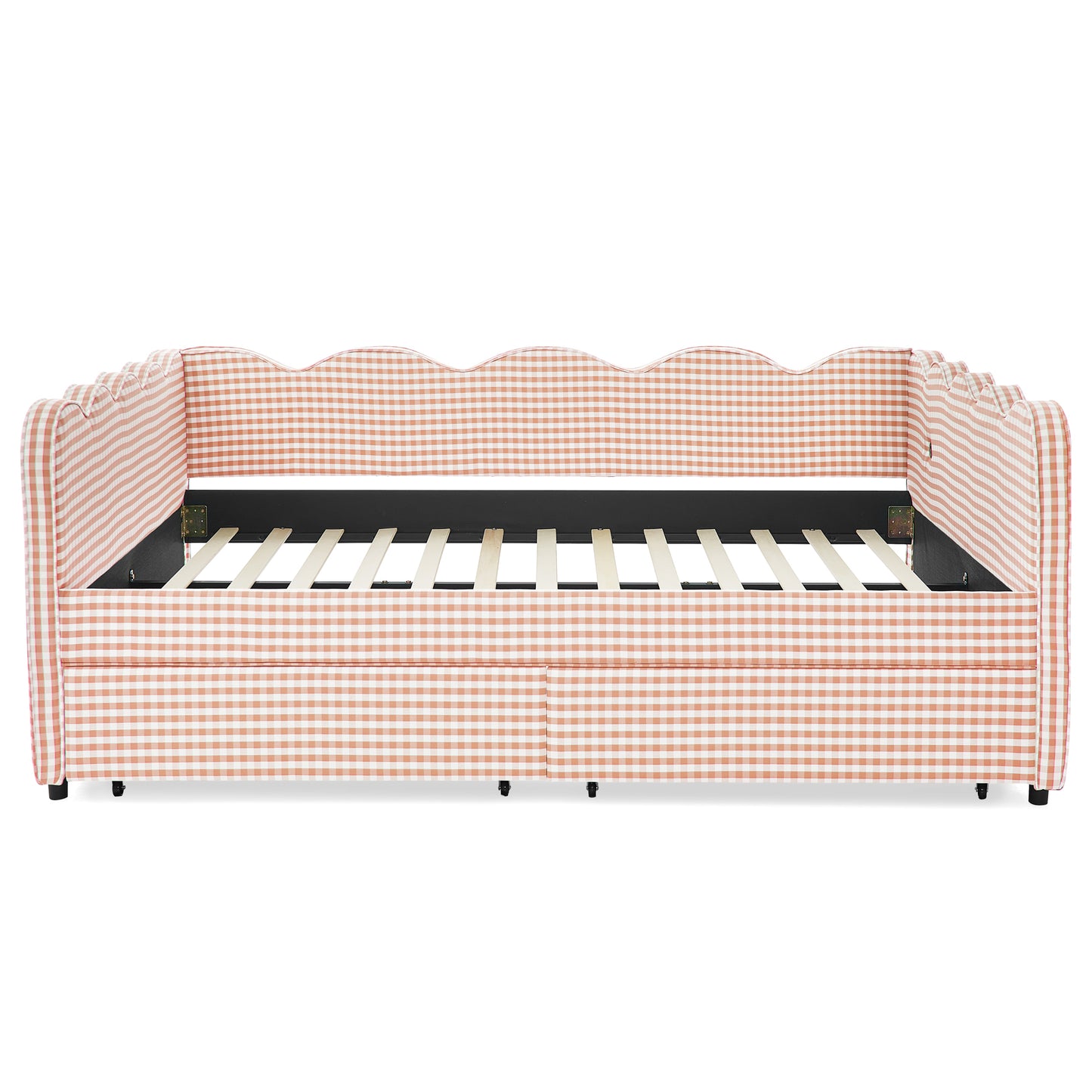 Queen Size Cozy Gingham Daybed with Two Storage Drawers, USB Port, Wave-Shaped Design in Pink Linen Fabric