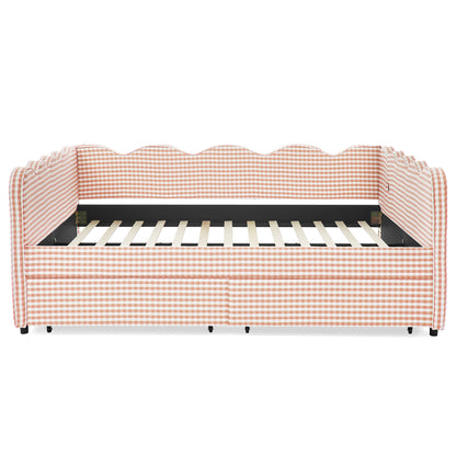 Queen Size Cozy Gingham Daybed with Two Storage Drawers, USB Port, Wave-Shaped Design in Pink Linen Fabric