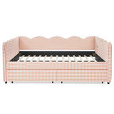Queen Size Cozy Gingham Daybed with Two Storage Drawers, USB Port, Wave-Shaped Design in Pink Linen Fabric