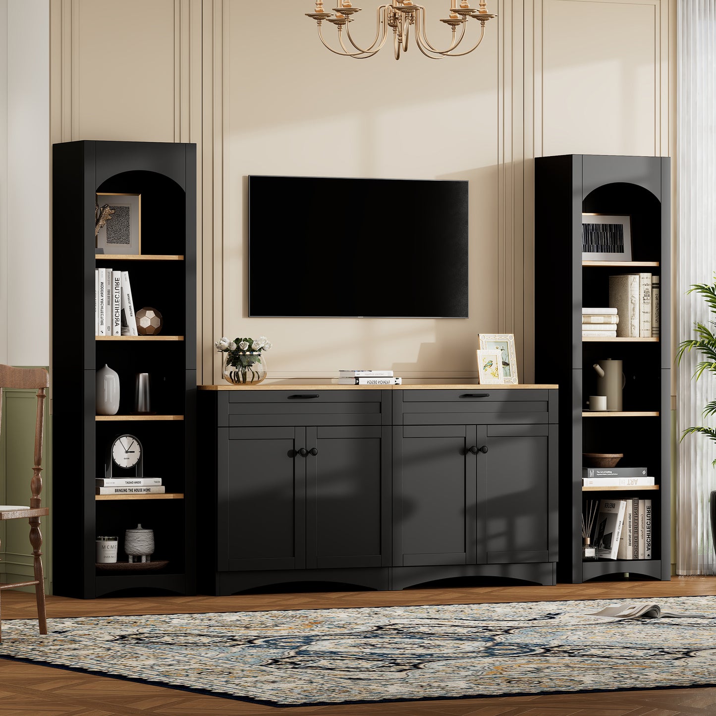 ON-TREND 3-Piece Farmhouse Entertainment Center with Storage Cabinet for TVs Up to 70', Mid-Century TV Stand with Bookshelf, Rustic Versatile Sideboard with Adjustable Shelves for Living Room, Black