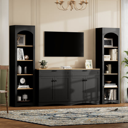 ON-TREND 3-Piece Farmhouse Entertainment Center with Storage Cabinet for TVs Up to 70', Mid-Century TV Stand with Bookshelf, Rustic Versatile Sideboard with Adjustable Shelves for Living Room, Black