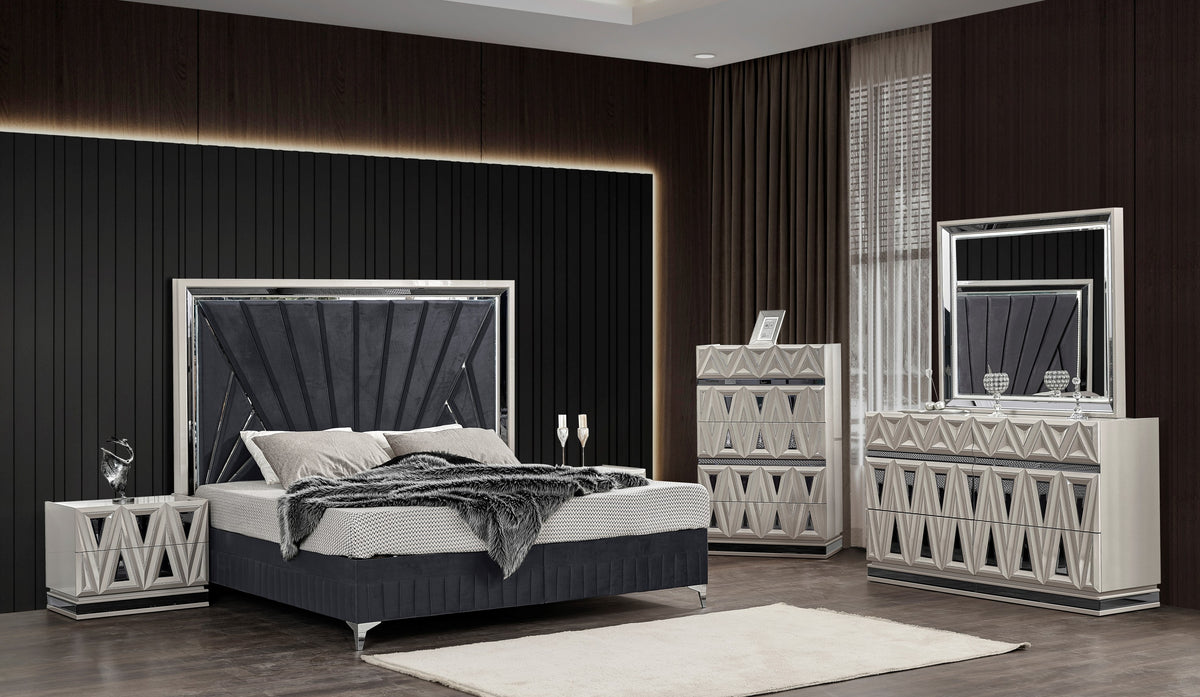 Lavita Modern & Contemporary Style 5 Pc Queen Upholstered Bedroom Set Made with Wood and Gold Accents in River Sand Grey (NJ Inventory)