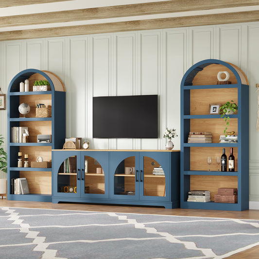 3-Piece Retro TV Stand Set with Bookshelf for TVs Up to 70', Two-Tone Wood Grain Entertainment Center with Arched Design, Farmhouse Sideboard with Tempered Glass Doors for Living Room, Blue+Natural