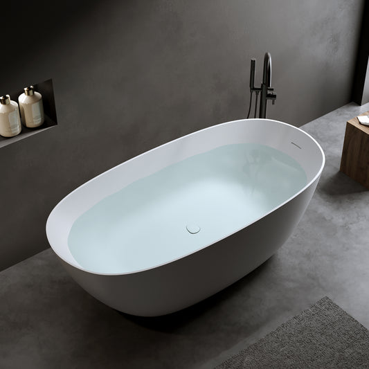 65'' Freestanding Bathtub Resin Stone Soaking Bathtub Solid Surface Modern Tubs with Overflow and Pop-up Drain in White