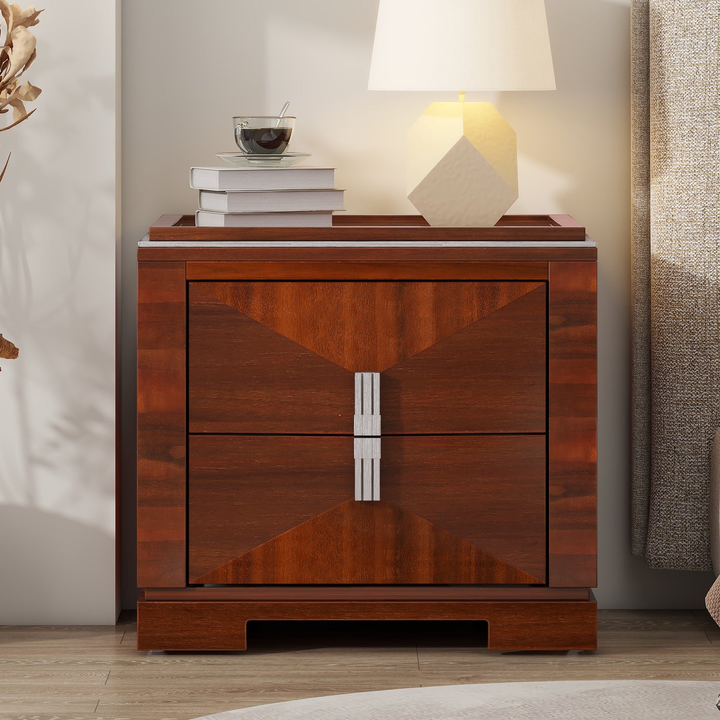 Mid-Century Modern Nightstand, 2 Drawers Wide Sofa Side Table,Wood Diamond Shaped End Table with Storage,Closet with Heavy Duty Base,Small Bedside Table for Bedroom,Living Room,Entrance, Dark Brown