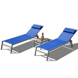 Patio Chaise Lounge Set, 3 Pieces Adjustable Aluminum Backrest Pool Lounge Chairs Textilene Sunbathing Recliner with Headrest (Blue,2 Lounge Chairs+1 Table)