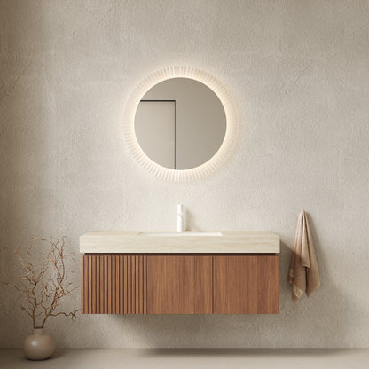 MURI 48' Bathroom Vanity&Sink, Floating Plywood Storage Cabinet with Drawer&Doors, Roma Travertine Sintered Stone Top&Ceramic Basin with 1 Pre-drilled Faucet Hole, Pre-assembled, Brown Oak Woodgrain