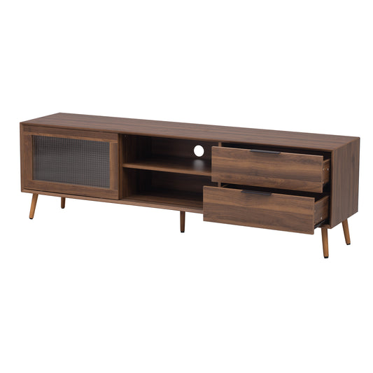 Modern Walnut TV Stand for 75+ TV, 70' Media Console with 2 Glass Doors, 2 Drawers & Storage Cabinet, MDF and Solid Wood Construction