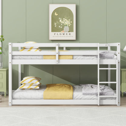 Solid Wooden , Solid Rubber Wooden Twin over Twin Floor Bunk Bed with Ladder ,Upper and Bottom Bed Platforms crafted with Strengthened Slats, White