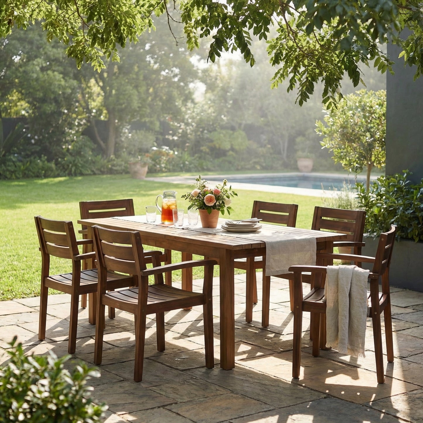 7 Pieces Acacia Wood Outdoor Dining Set s,Modern 6 Chairs  1 Large Table,Dining Furniture Set for Lawn, Backyard, Garden Deck,Poolside,Dark Brown