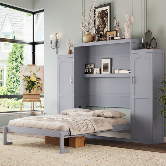 Queen Size Murphy Bed, Wooden Queen Wall Bed with 2 Wardrobe and Storage Shelf, Multifunctional Foldable Platform Bedframe for Guest-Room, Bedroom, Gray (Old SKU: N733S235627E)