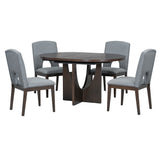 TOPMAX Modern 5-Piece Extendable Round Dining Table Set with Removable Leaf, Espresso+Gray, Solid Wood