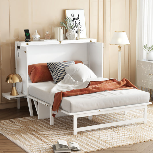 Full Size Murphy Bed with USB Port and Removable Shelves on Each Side, Solid Pine Murphy Cabinet Bed for Home Office, Guest Room,White