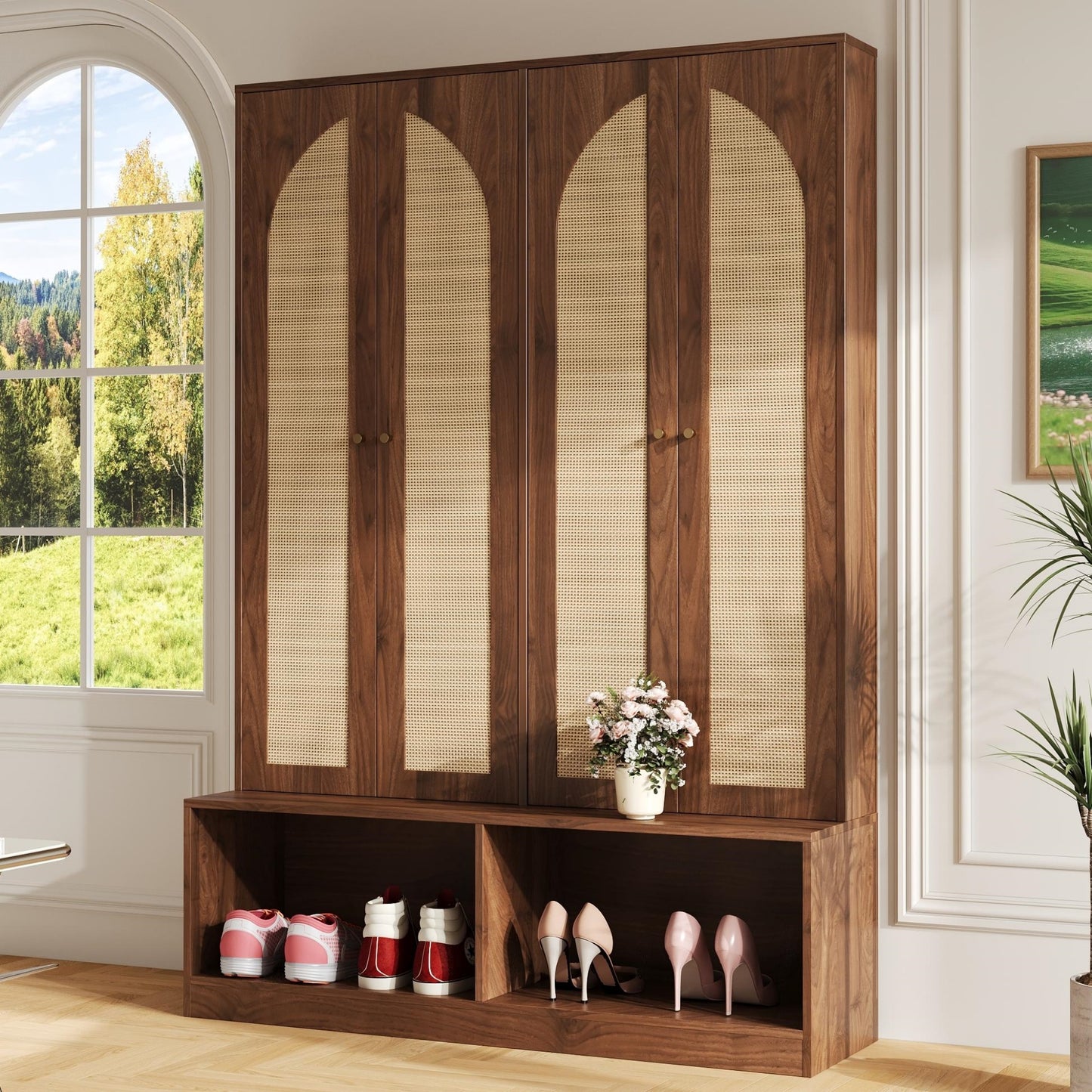[Assembly Video]Farmhouse Hall Tree with 4 Rattan Doors, Versatile 4-In-1 Bench with 6 Hooks, Mid-Century Shoe Cabinet with Adjustable Shelf for Living Room, Walnut, 55.1'W (NEW SKU: N721S000074D)