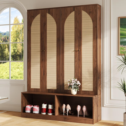 [Assembly Video]Farmhouse Hall Tree with 4 Rattan Doors, Versatile 4-In-1 Bench with 6 Hooks, Mid-Century Shoe Cabinet with Adjustable Shelf for Living Room, Walnut, 55.1'W (NEW SKU: N721S000074D)
