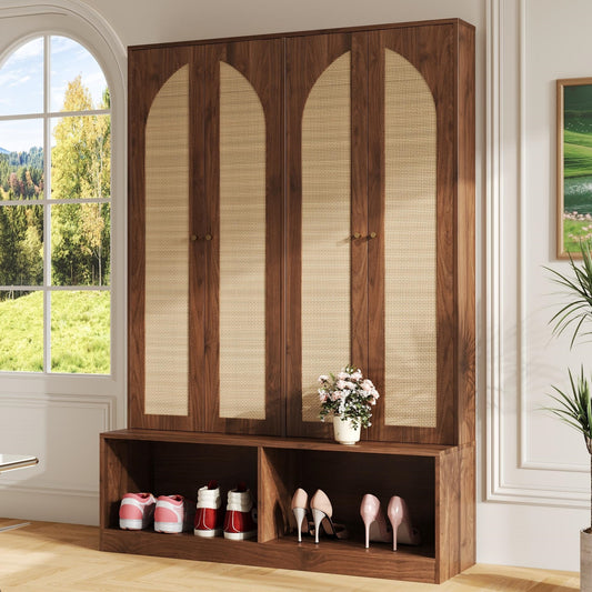 [Assembly Video]Farmhouse Hall Tree with 4 Rattan Doors, Versatile 4-In-1 Bench with 6 Hooks, Mid-Century Shoe Cabinet with Adjustable Shelf for Living Room, Walnut, 55.1'W (NEW SKU: N721S000074D)