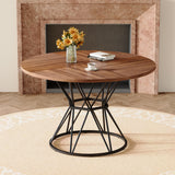 A circular dining table with a diameter of 47.3 inches, featuring 4 walnut wood grain MDF tabletops, black hourglass shaped metal brackets, and a modern industrial style dining table for 4-6 people.