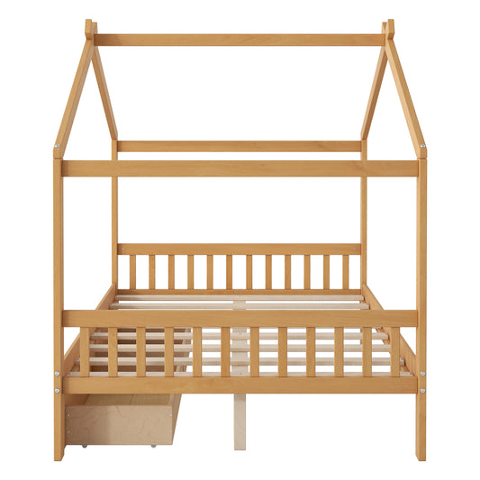 Natural Pine Wood Full Size House Platform Bed with Headboard, Footboard, Roof Design and Two Storage Drawers