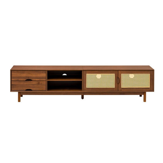 Modern 78 Inch TV Stand for TVs up to 85 inch, Media Console with 2 Drawers, Rattan Front Panels, Dark Brown Solid Wood Legs, Living Room Entertainment Center