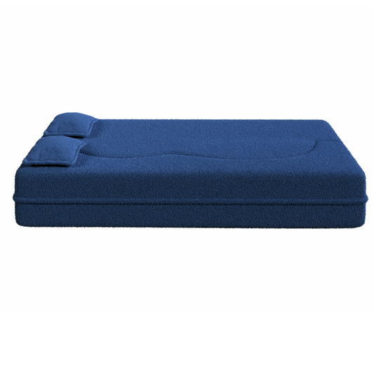 Modern Floor Sofa with 2 Pillows,Convertible Teddy Fabric Foam Filled Sleeper Sofa Bed,15 ' Full Size Folding Mattress for Living Room,Guest Bed,Playroom,no assembly required,Blue