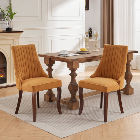 Rayon Cloth Flocking Linen Dining Chairs Channel Kitchen Dinner Chair Comfy Fabric Upholstered Accent Chair for Dining Room with Curved Solid Wood Legs,Set of 2 (Gold), SW1847GL