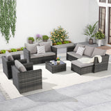 6 Piece Patio Furniture Set,Outdoor Wicker Rattan Sofa Conversation Set All Weather Patio Sectional Sofa Set with Glass Table, Cushions and Pillows for Garden, Backyard