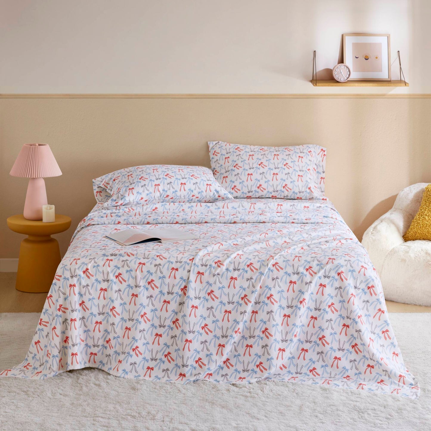 3-Piece Twin 100% Cotton Pigment Printed Sheet Set,Happy Bows