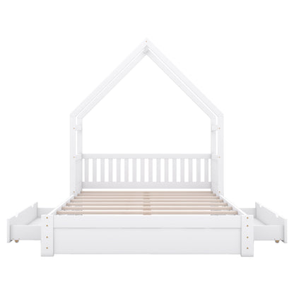White House-Style Queen Size Platform Bed with Guardrail and 2 Drawers, Pine Wood + MDF