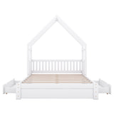 White House-Style Queen Size Platform Bed with Guardrail and 2 Drawers, Pine Wood + MDF