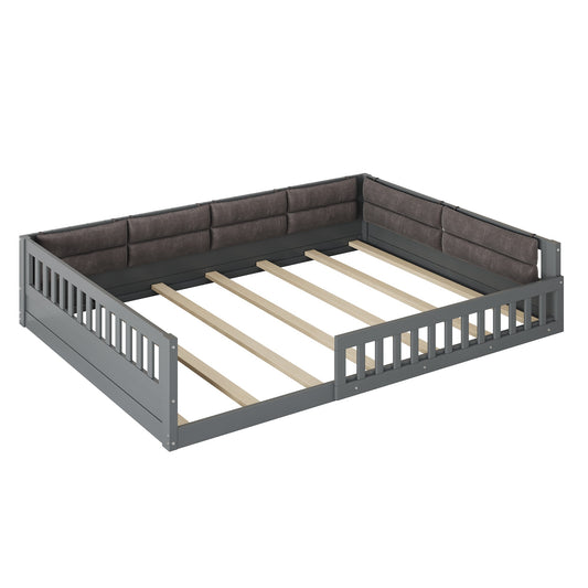 Gray Upholstered Platform Bed with Guardrail and Pillow, Full Size, Solid Wood+MDF