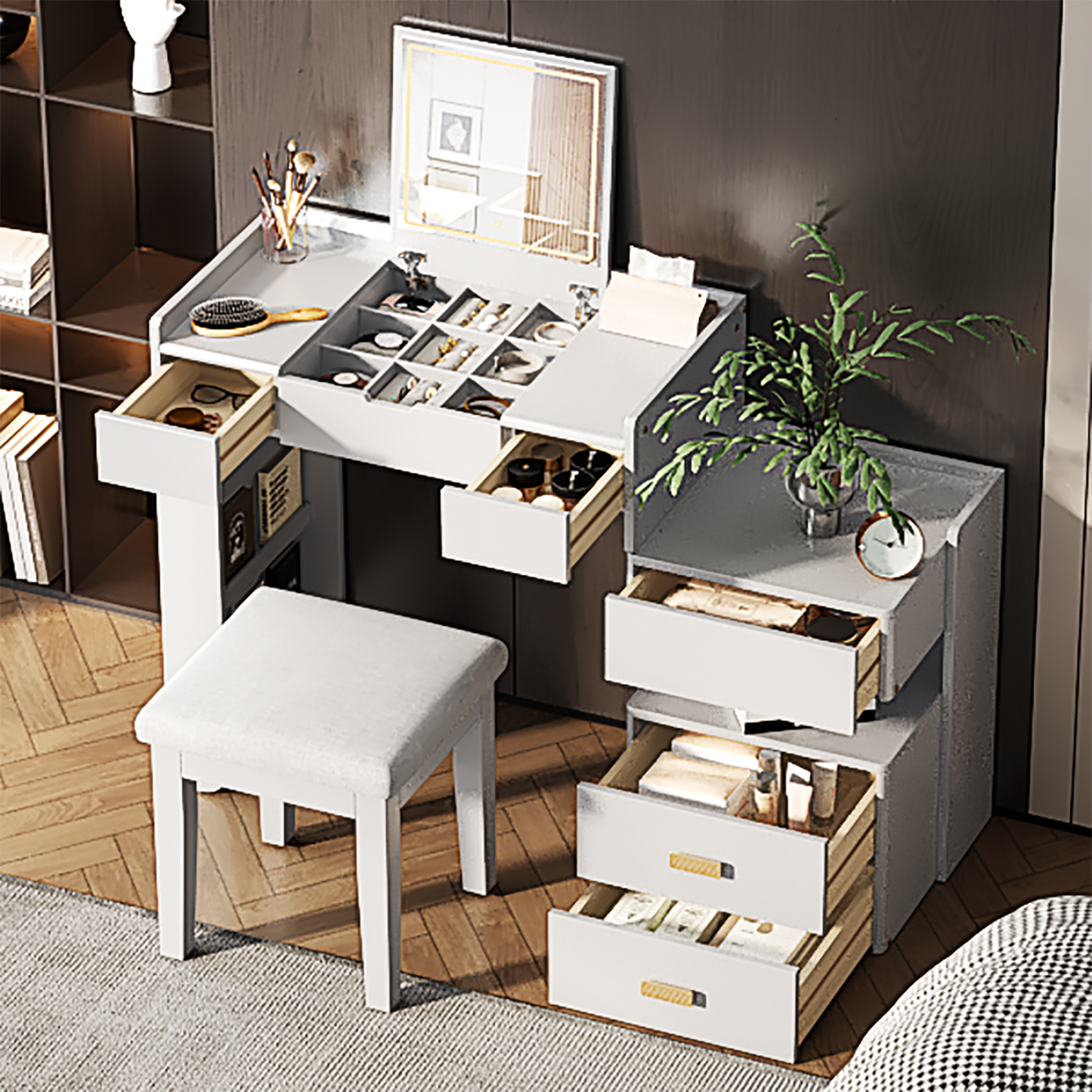 3-in-1 Makeup Vanity Desk with Flip-Top Mirror, LED Lighting, Adjustable Length & Ample Drawers - Stylish Multi-Functional Dressing Table for Home, White