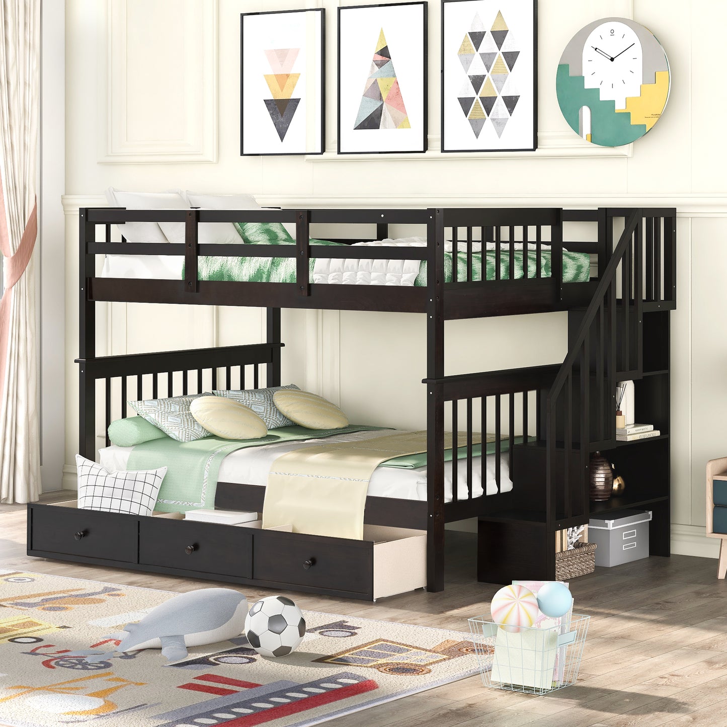 Stairway Full-Over-Full Bunk Bed with Drawer, Storage and Guard Rail for Bedroom, Espresso (OLD SKU: LT100310AAP)