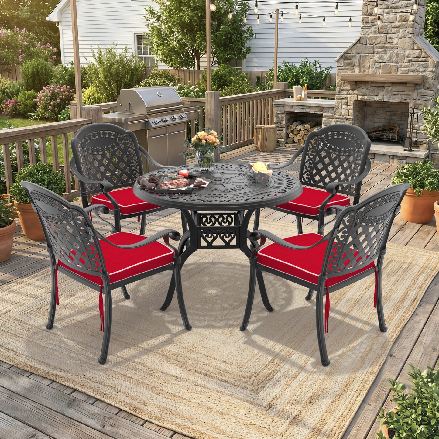 5-Piece Set Of Cast Aluminum Patio Furniture With Black Frame and Red Seat Cushions(same sku:W1710S00064)