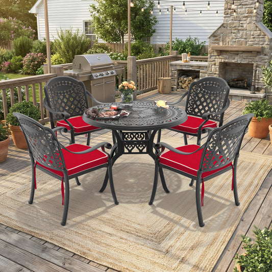 5-Piece Set Of Cast Aluminum Patio Furniture With Black Frame and Red Seat Cushions(same sku:W1710S00064)