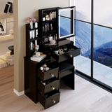 29.2' Small Size Left Bedside Cabinet Vanity Table + Cushioned Stool, Large Sliding, Touch Control, Tri-color Switching, Brightness Adjust LED Mirror, High Capacity Storage, EPA, GCC, UL Certificate