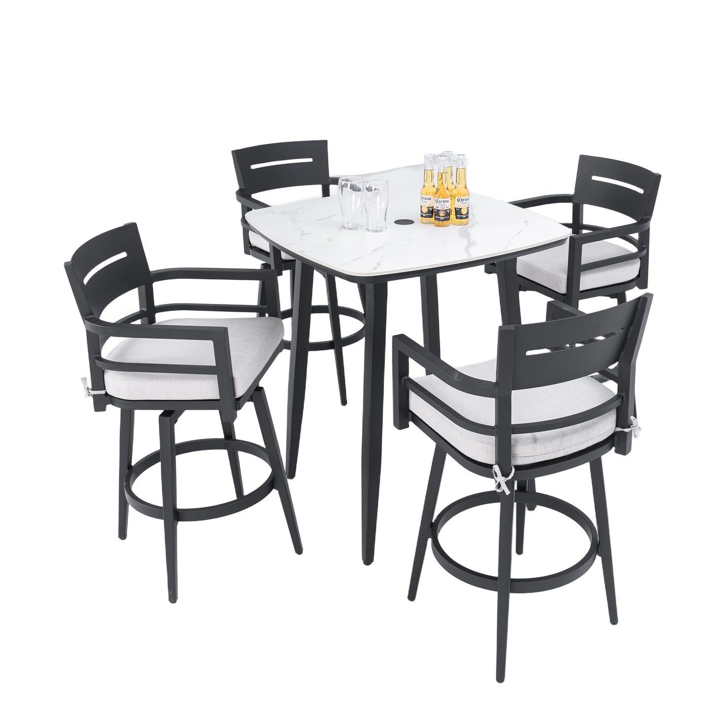Modern 5PC Outdoor Patio Bar Set,Rounded Square Sintered Stone Table & 4 Swivel Bar Chairs,Non-Rust Aluminum Frame,Ember Black, Marble-Inspired Top,Bearing Swivel Plate,Tapered Legs,Sunbrella Cushion